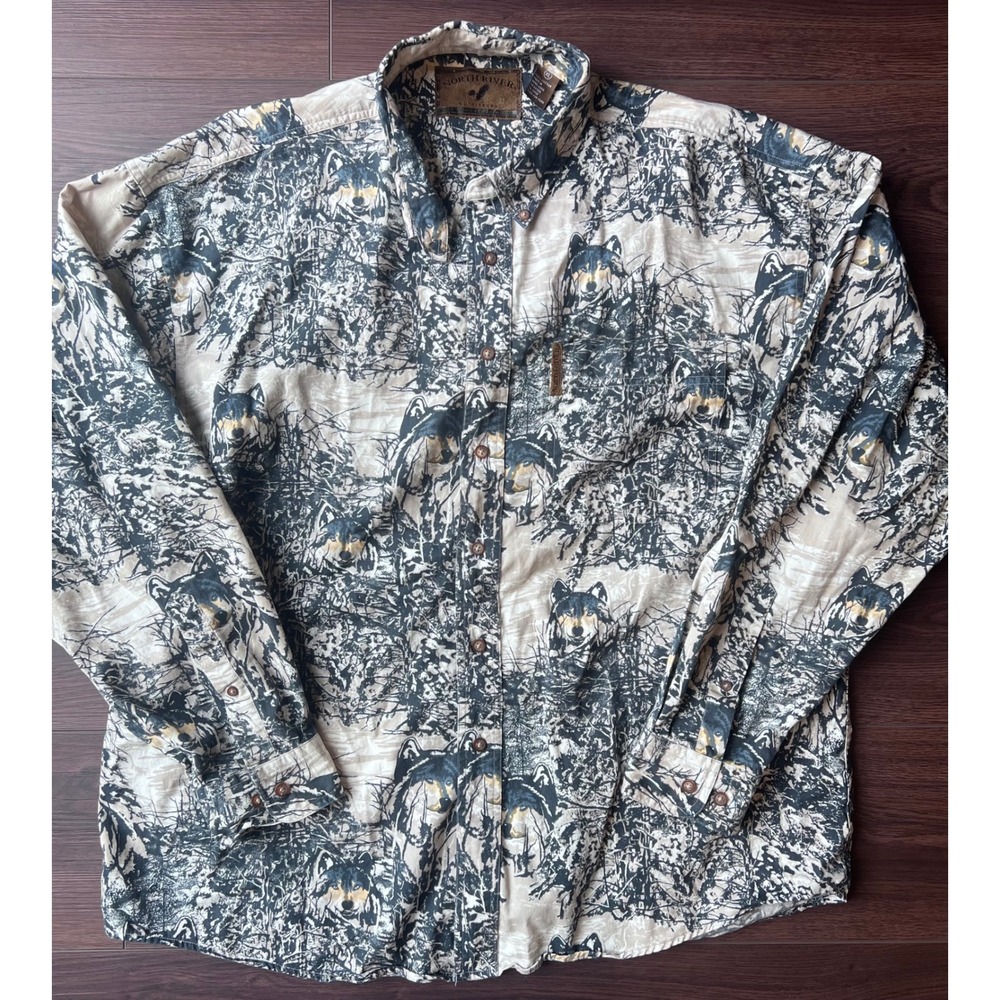 North River Outfitters Mens XL Wolf Nature Print Cotton Button Down Shirt Gray